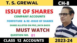 ISSUE OF SHARES TSGrewal ch8 Que no 81Forfeiture amp Reissue of shares Alloted on Pro Rata Basis [upl. by Breed]