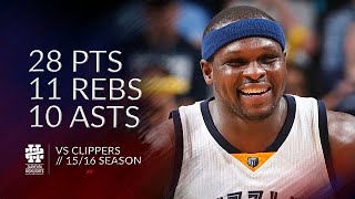 Zach Randolph 28 pts 11 rebs 10 asts vs Clippers 1516 season [upl. by Sucrad421]