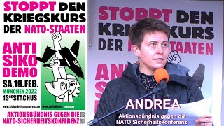 Antisiko 2022 Rede von Andrea für das Aktionbündnis gegen die NATO Sicherheitskonferenz 1922022 [upl. by Ragucci878]