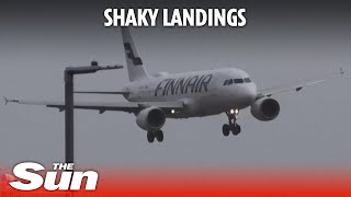 Shaky landings at UK Heathrow airport as Storm Isha unleashes 85mph winds [upl. by Silvain]