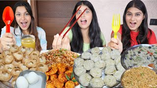 Spoon Vs Fork Vs Chopsticks Food Challenge  Golgappa Fried Rice Momos Chow Mein Pasta Challenge [upl. by Sletten]