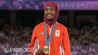 Sifan Hassan takes in medal ceremony after winning women’s marathon gold  Paris Olympics [upl. by Amik]