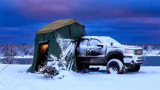 Camping In Snow Storm With Rooftop Tent And Diesel Heater [upl. by Kcirdor]