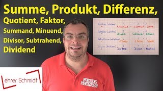 Summand Summe Minuend Subtrahend Differenz Faktor Produkt Dividend Divisor Quotient [upl. by Noryahs381]