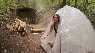 SOLO GIRLs bushcraft in a dugout amp CAMP sauna and fishing ASMR [upl. by Stannfield]