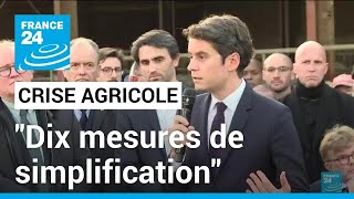 Crise agricole  Gabriel Attal annonce quotdix mesures de simplification immédiatesquot • FRANCE 24 [upl. by Redle474]