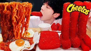 ASMR MUKBANG  치즈 불닭볶음면 amp 치토스 대왕 통 가래떡 튀김 핫도그 딸기 먹방 amp 레시피 FIRE NOODLES AND Tteokbokki EATING [upl. by Hirza]