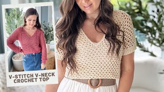 VStitch VNeck Crochet Summer Top Seamless TopDown Construction long and short sleeve pattern [upl. by Maud]