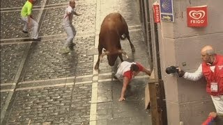 Pamplona Attack Watch as bull gores three runners [upl. by Eatnoid568]