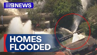 Water pipeline ruptures in Sydney sending wall of water into nearby homes  9 News Australia [upl. by Landes]