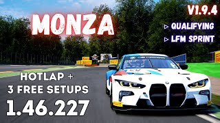 BMW M4 GT3  MONZA 1462  HOTLAP  FREE SETUP  ACC v19 [upl. by Acinemod]