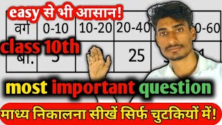 माध्य निकालना सीखें चुटकियों में class 10th maths most important question [upl. by Aeslehs]