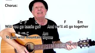 Will Ye Go Lassie Go Wild Mountain Thyme GUITAR LESSON playalong with chords and lyrics [upl. by Naillimixam]