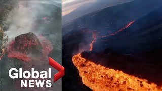 La Palma volcano Drone sweeps over sizzling lava stream huge molten boulder slides down side [upl. by Ater]