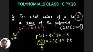 Polynomials class 10 PYQS  For what value of k is 3 a zero of the polynomial 2x2xk [upl. by Rusel]