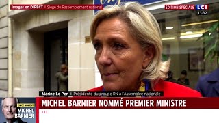 Nomination de Michel Barnier  la réaction de Marine Le Pen [upl. by Dickie433]