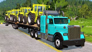 Tractors Transportation with Truck on Flatbed Trailer  Train vs Tractor  BeamNGDrive034 [upl. by Outlaw]