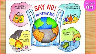 Plastic Bag Free Day Poster Drawing  stop plastic chart project  ban plastic [upl. by Ahseram939]