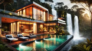 Tender Jazz Music amp Waterfall Sounds At Peaceful Garden Space  Soft Jazz In Cozy Living Room [upl. by Boykins]