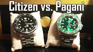 Japanischer Klassiker vs Chinesische Hommage  Citizen Promaster vs Pagani Design Submariner [upl. by Ennairak112]