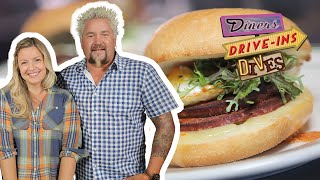 Guy Fieri amp Damaris Phillips Eat FRIED Bologna  Diners DriveIns and Dives  Food Network [upl. by Hiram]