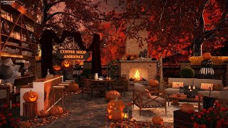 Cozy Fall Porch Coffee Shop Ambience with Smooth Jazz Music amp Crackling Fireplace [upl. by Hallagan43]