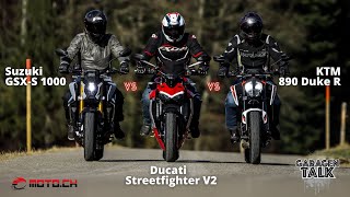 Ducati Streetfighter V2 vs KTM 890 Duke R vs Suzuki GSXS 1000  NakedBikes im VergleichsTest [upl. by Aztirak]