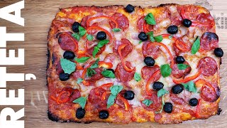 Pizza la tavă  Aluat de pizza fără frământare  iCookingro [upl. by Fem]