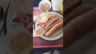 two hotdogs mustard ketchup dessert ice tea [upl. by Neelrahc]