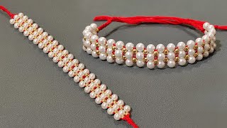 How To Make Simple Bracelet Rakhi With Pearl  Beads Bracelet  Friendship Bracelets  Rakshabandhan [upl. by Lehacim610]