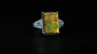 Ammolite Emerald amp Diamond Ring in Rhodium over Sterling Silver [upl. by Laural318]