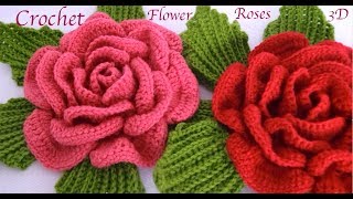 Como hacer flores Rosas gigantes 3D con hojas a Crochet paso a paso tejido tallermanualperu [upl. by Plath815]