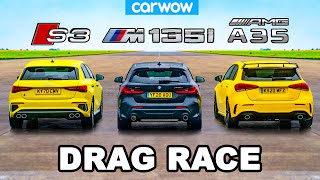 Audi S3 v BMW M135i v AMG A35  DRAG RACE [upl. by Nathalie]