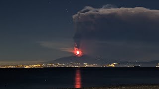 🌋 Mt Etna erupts turning the sky red Sicily Italy 🇮🇹 February 10 2022 eruzione Catania volcano [upl. by Aivan]