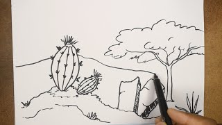 Desert Landscape Drawing Tutorial with Sketch Pen  Cactus Rocks Babool Tree amp Hills [upl. by Nrehtac987]