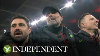 Klopp joins Liverpool team to sing Youll Never Walk Alone after Carabao Cup win [upl. by Elleinnad]