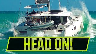 LARGE CAT SMASHES ROUGH SEAS HEAD ON  ROUGH INLETS  Boats at Jupiter Inlet [upl. by Nirrac]