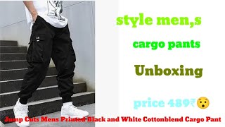 Jump Cuts Mens Printed Black and White Cottonblend Cargo Pant Unboxing price 489₹ online shopping 😍🤩 [upl. by Ibrek]