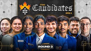 FIDE Candidates 2024  Round 3  Prag Vidit Gukesh Vaishali Humpy  Live Harshit Samay Amruta [upl. by Ettener]