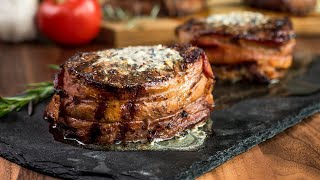 BaconWrapped Filet Mignon with Compound Butter Recipe  CharBroil [upl. by Adnohsel]