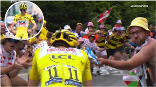 Drunk Tour de France spectator who threw bag of crisps at Tadej Pogačar and Jonas Vingegaard [upl. by Chelsae]