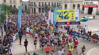 VIDÉO Plus de 750 coureurs au départ du quinzième marathon PoitiersFuturoscope [upl. by Burnaby]