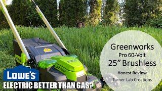 Review Greenworks Pro 60Volt Brushless SelfPropelled 25In Cordless Electric Lawn Mower [upl. by Carolin]