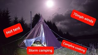 Wild camping Scotland Winter camping in the rain 70mph winds Storm camping Hot tent Outdoors [upl. by Sadye68]