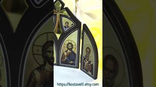 Triptych wooden icon Jesus Christ Archangels Nicholas Religious Prayer Christian Orthodox Catholic [upl. by Aneba170]