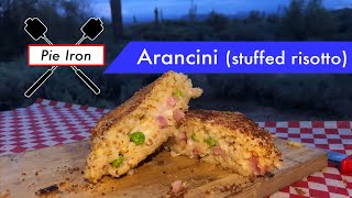 Camp Cooking Pieiron Arancini  cheesestuffed risotto toasted over a campfire [upl. by Kusin]