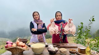 Iran Rural Stile Fried Chicken and Rice Cooked in Foggy amp Rainy Village [upl. by Carlo]