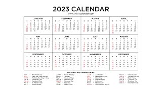 Year 2023 Calendar Printable with Holidays  Wiki Calendar [upl. by Ellehcsar16]