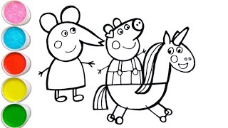 Peppa Pig Playing With Unicorn Drawing ainting Colouring for Kids and toddlersPeppa Pig Family Kids [upl. by Siramay]