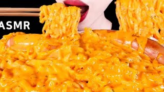 Mellawnie ASMR cheesy carbo noodles fried sausages Mukbang bites only [upl. by Oika]